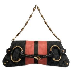 Gucci GG/Horsebit Handbag 129698 Black Pink Jacquard Satin Leather
